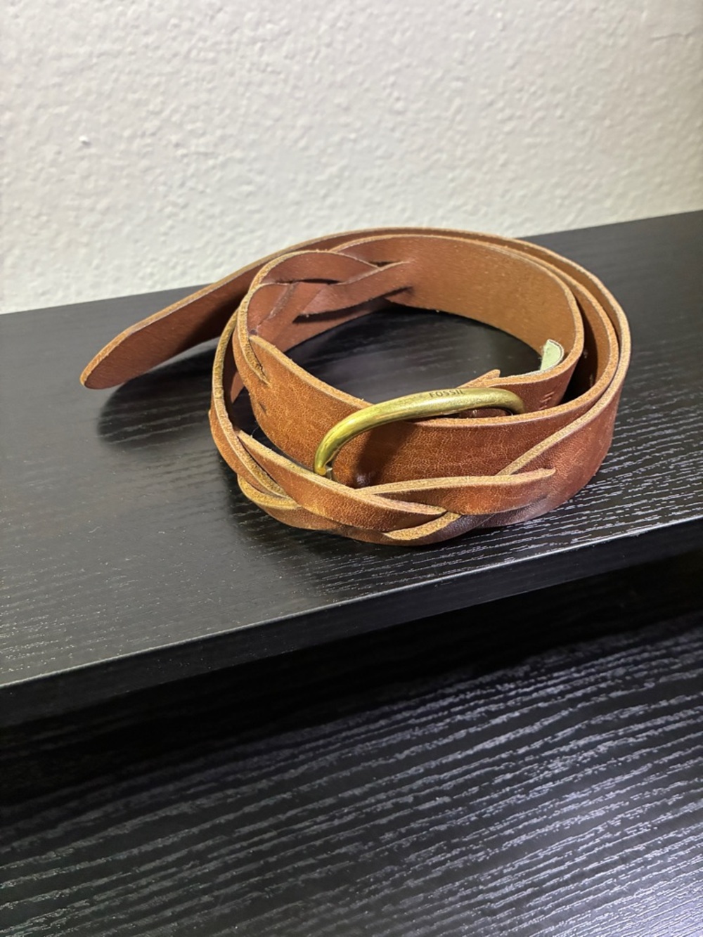 Fossil Belt Womens Light Brown Leather Woven Gold Buckle Logo Size Large 12-14